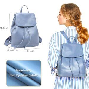 NWT Boyatu Pebble Grain Leather Backpack, Blue-gray